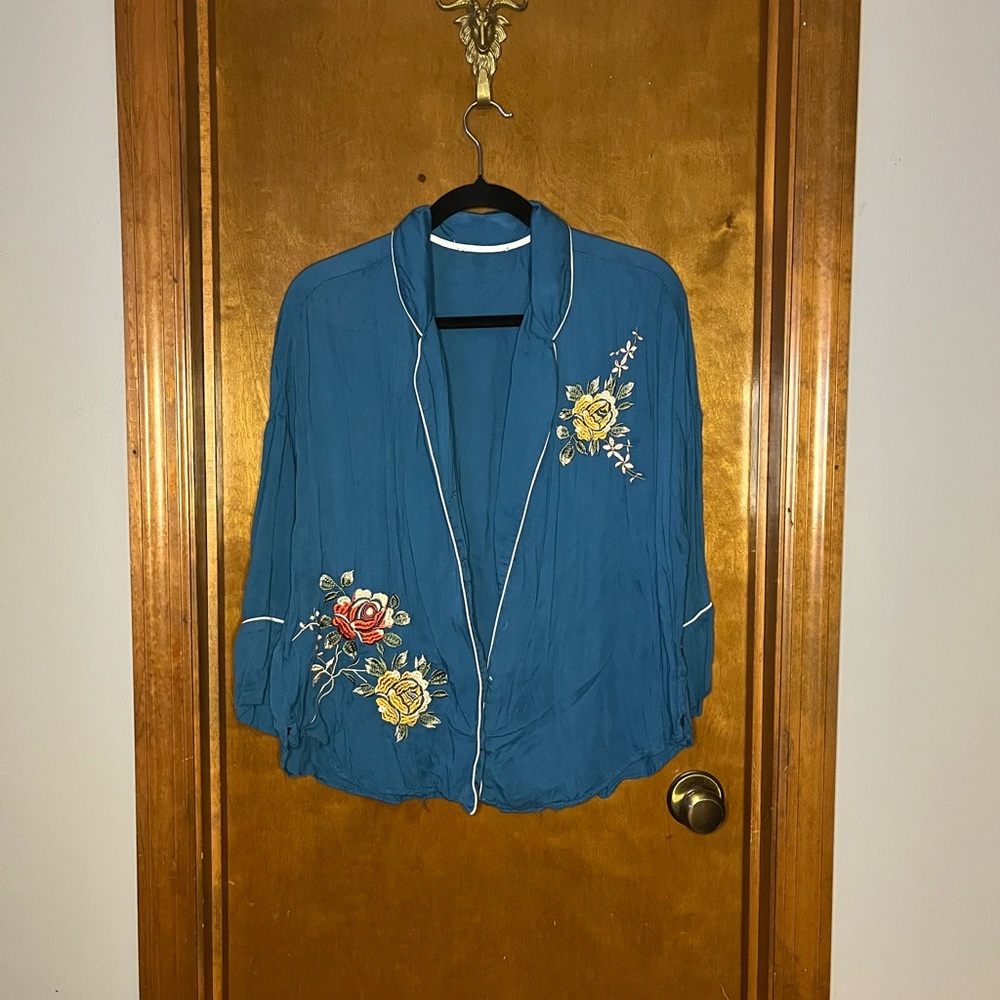 Anthropology Floral Embroidered Blue Top
